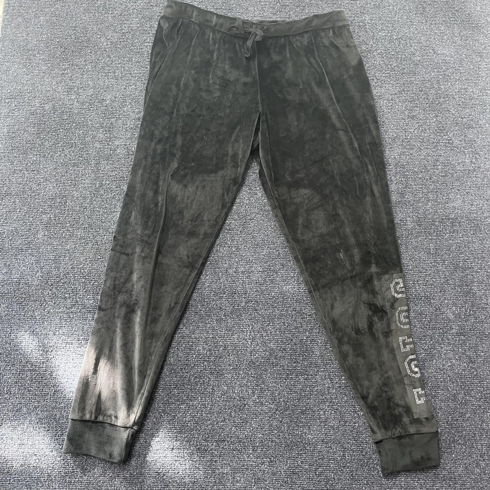 Juicy Couture Pants Womens Medium Black Velour Rhinestone Logo Joggers Sleepwear